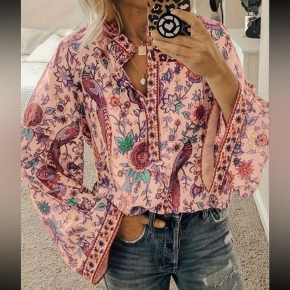Tops - Boho Floral Print Long Sleeve Top Blouse Shirt